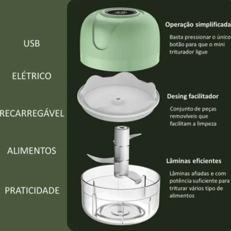 Mini Processador Elétrico de Alimentos Portátil com 3 lâminas de aço inox USB