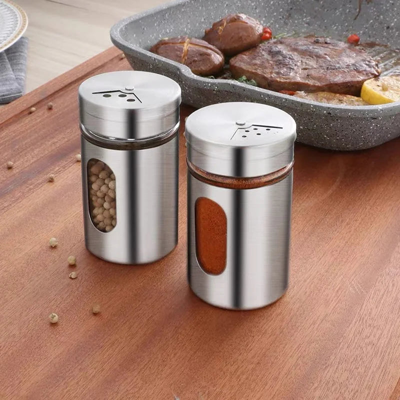 Saleiro Pimenteiro Porta Condimentos Vidro Aço Inox Com Visor Premium
