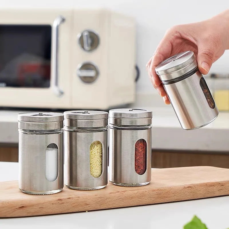 Saleiro Pimenteiro Porta Condimentos Vidro Aço Inox Com Visor Premium